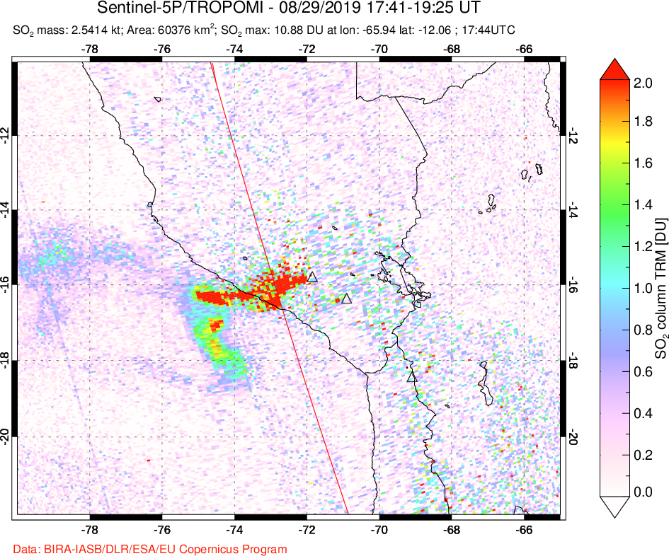 A sulfur dioxide image over Peru on Aug 29, 2019.