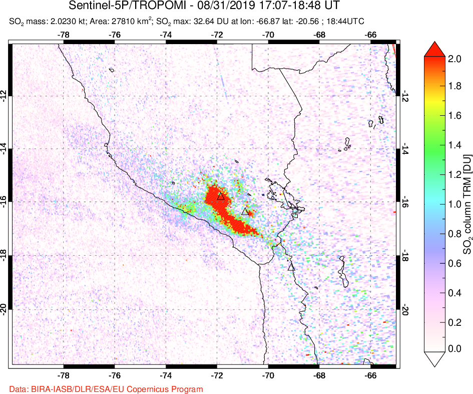 A sulfur dioxide image over Peru on Aug 31, 2019.
