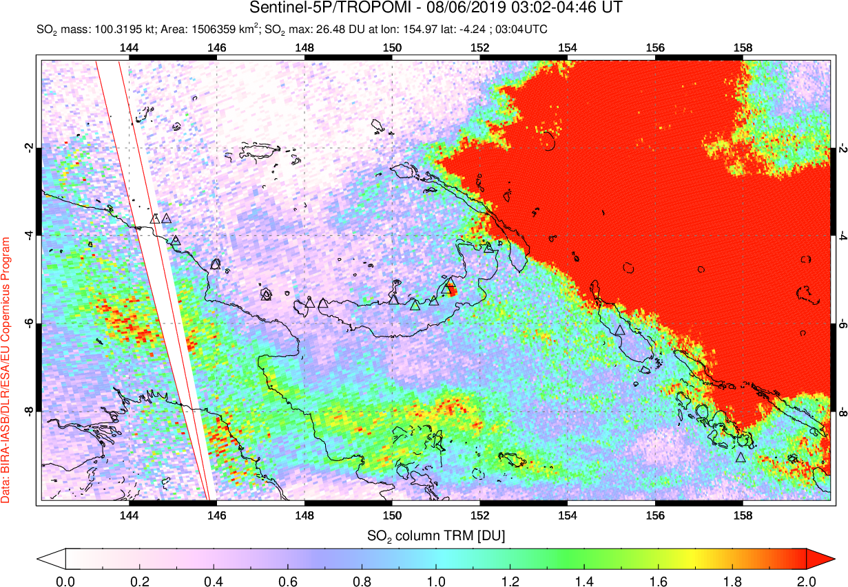 A sulfur dioxide image over Papua, New Guinea on Aug 06, 2019.