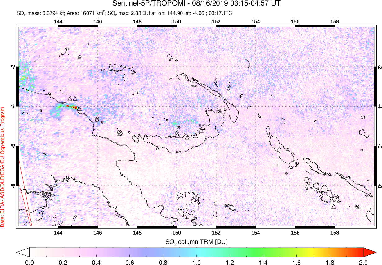 A sulfur dioxide image over Papua, New Guinea on Aug 16, 2019.