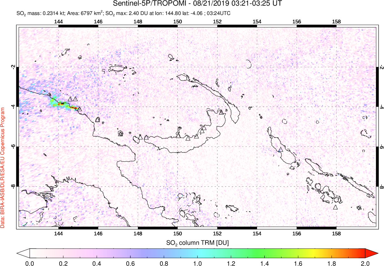 A sulfur dioxide image over Papua, New Guinea on Aug 21, 2019.
