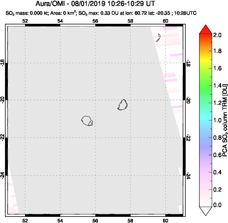 A sulfur dioxide image over Reunion Island, Indian Ocean on Aug 01, 2019.