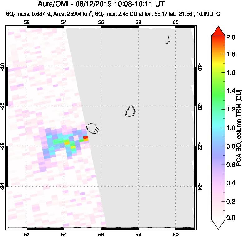 A sulfur dioxide image over Reunion Island, Indian Ocean on Aug 12, 2019.