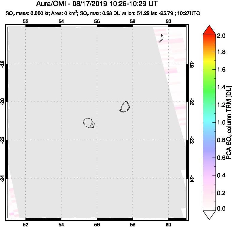 A sulfur dioxide image over Reunion Island, Indian Ocean on Aug 17, 2019.