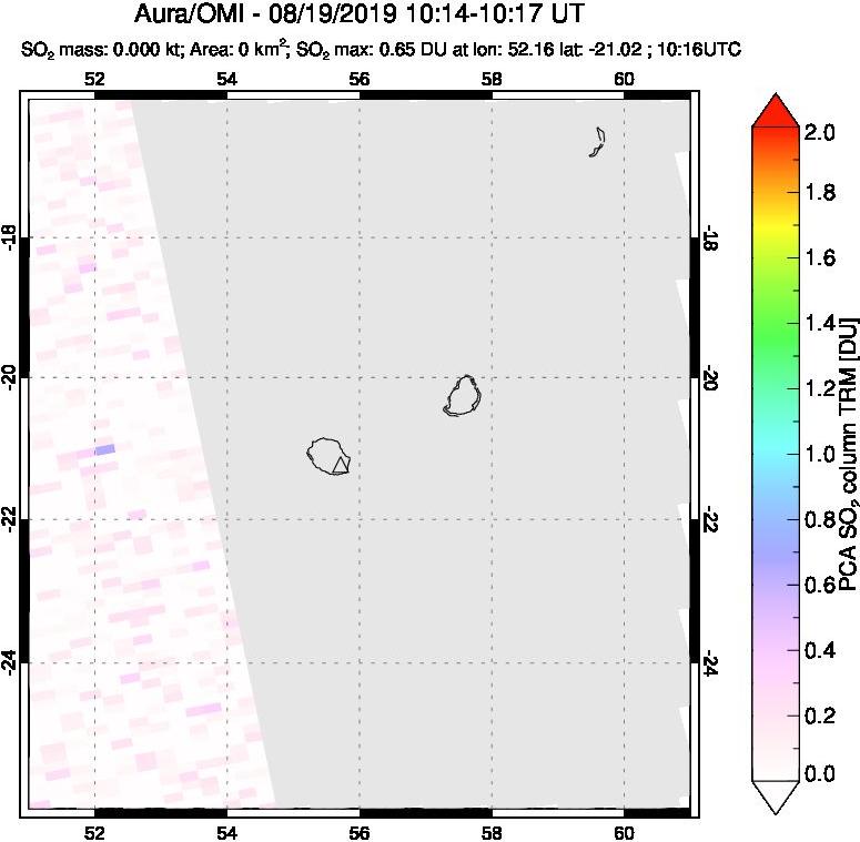 A sulfur dioxide image over Reunion Island, Indian Ocean on Aug 19, 2019.