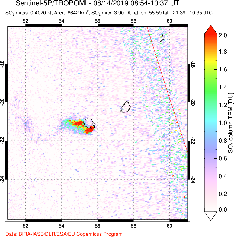 A sulfur dioxide image over Reunion Island, Indian Ocean on Aug 14, 2019.
