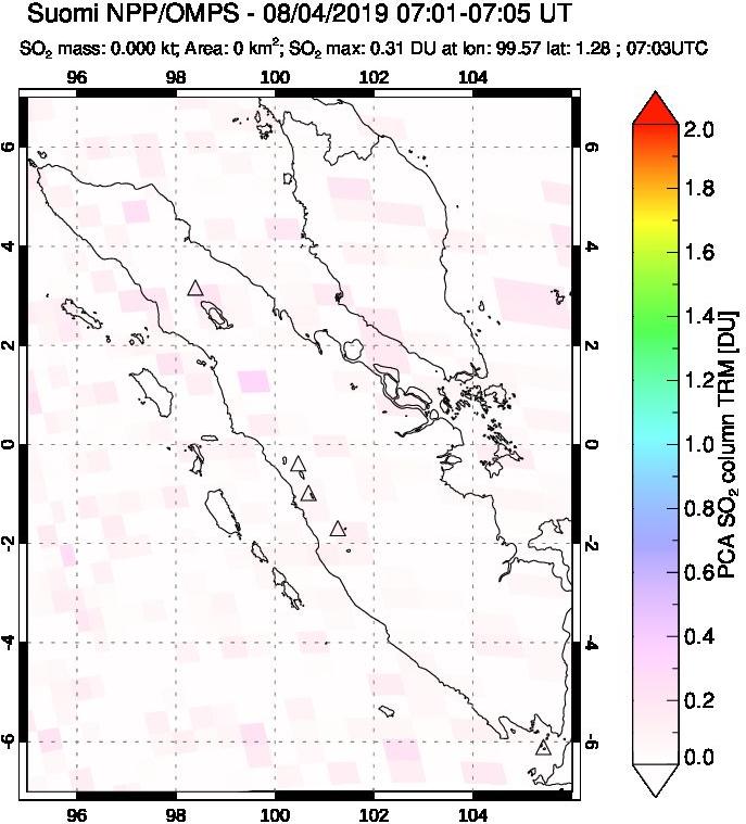 A sulfur dioxide image over Sumatra, Indonesia on Aug 04, 2019.