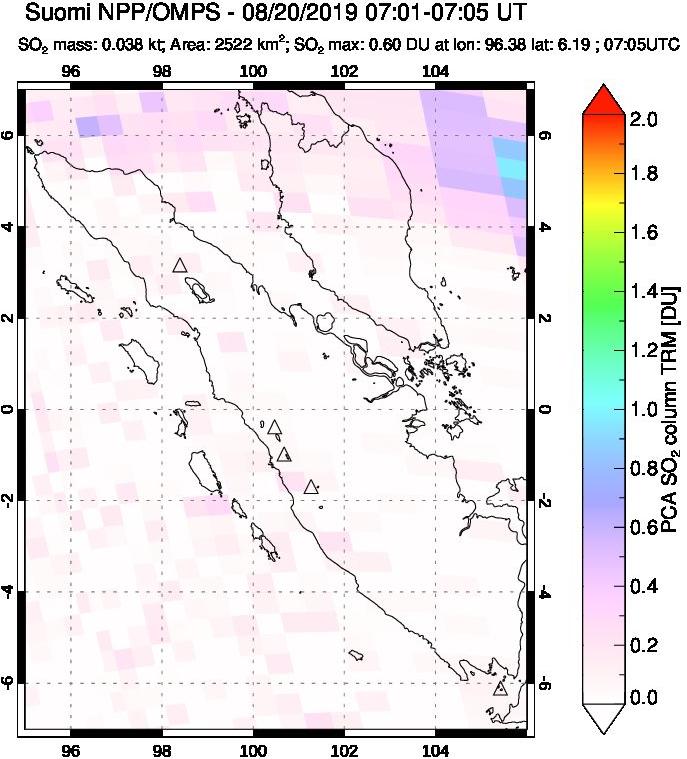 A sulfur dioxide image over Sumatra, Indonesia on Aug 20, 2019.