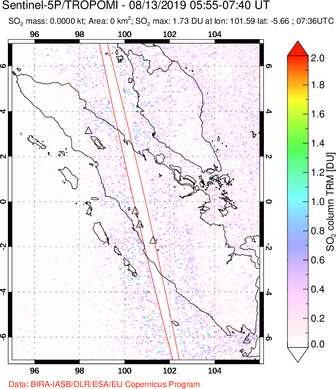 A sulfur dioxide image over Sumatra, Indonesia on Aug 13, 2019.