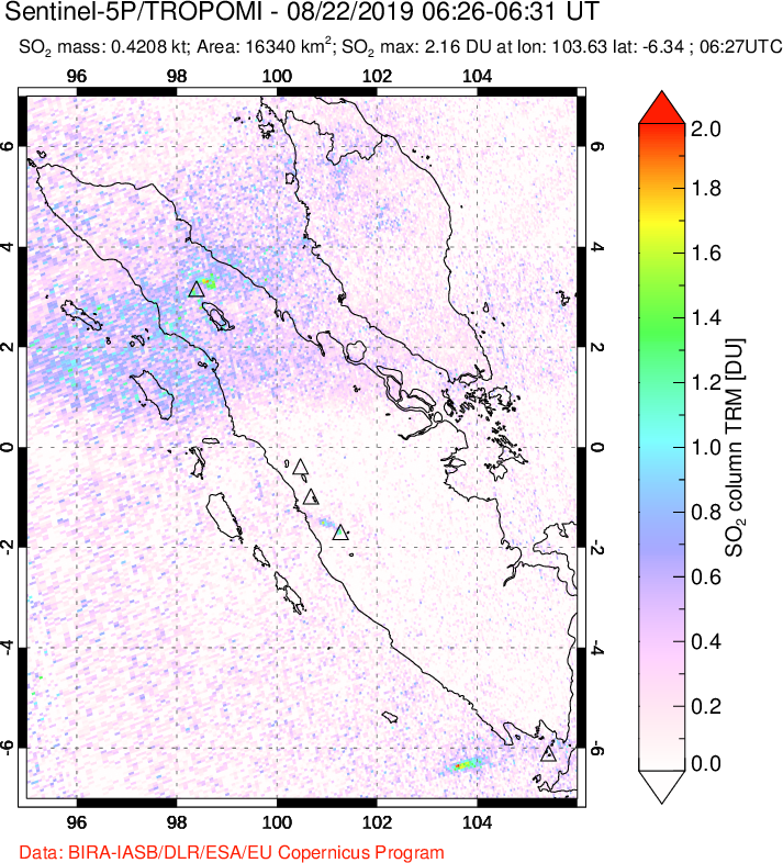A sulfur dioxide image over Sumatra, Indonesia on Aug 22, 2019.