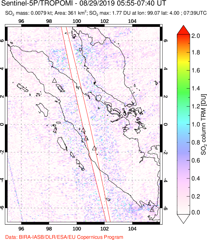 A sulfur dioxide image over Sumatra, Indonesia on Aug 29, 2019.