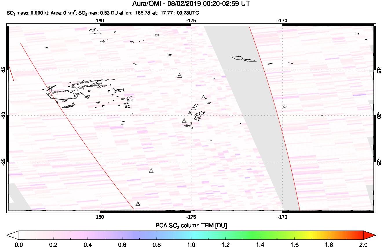 A sulfur dioxide image over Tonga, South Pacific on Aug 02, 2019.