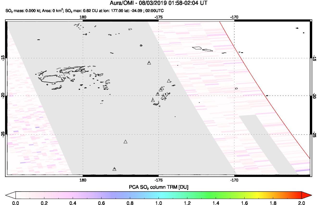 A sulfur dioxide image over Tonga, South Pacific on Aug 03, 2019.