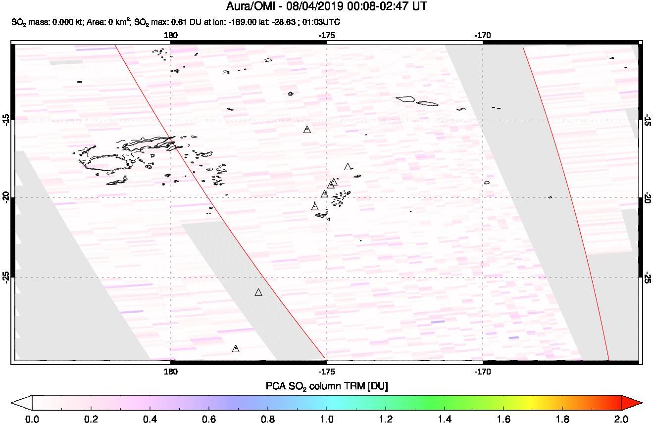 A sulfur dioxide image over Tonga, South Pacific on Aug 04, 2019.