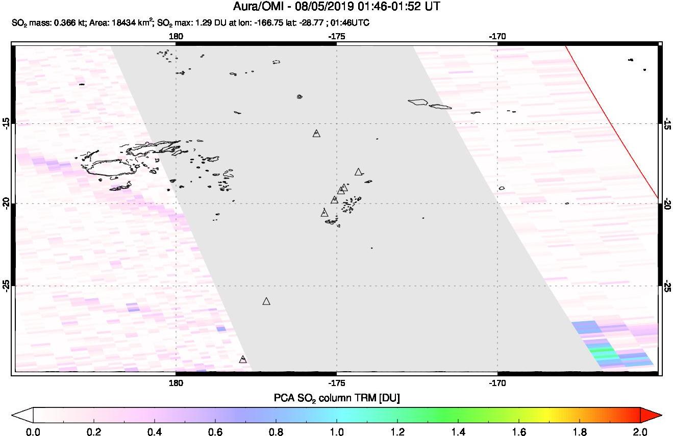 A sulfur dioxide image over Tonga, South Pacific on Aug 05, 2019.