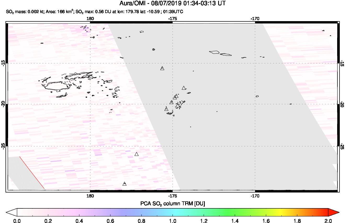 A sulfur dioxide image over Tonga, South Pacific on Aug 07, 2019.