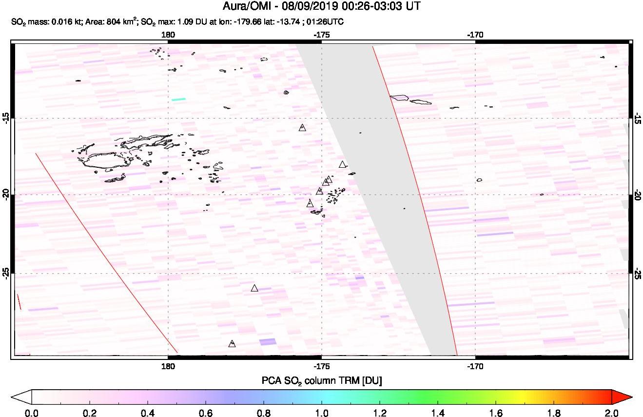 A sulfur dioxide image over Tonga, South Pacific on Aug 09, 2019.