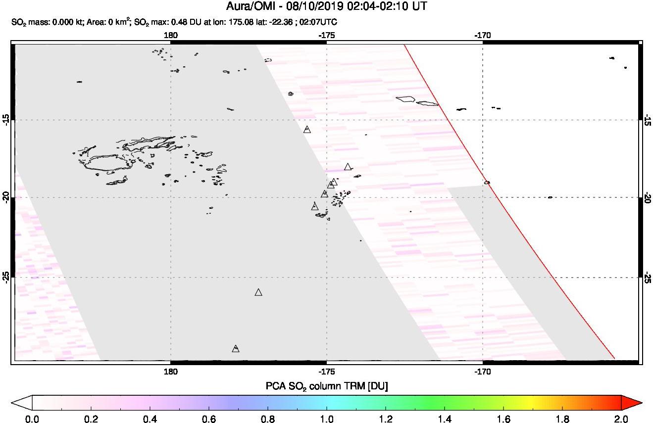 A sulfur dioxide image over Tonga, South Pacific on Aug 10, 2019.