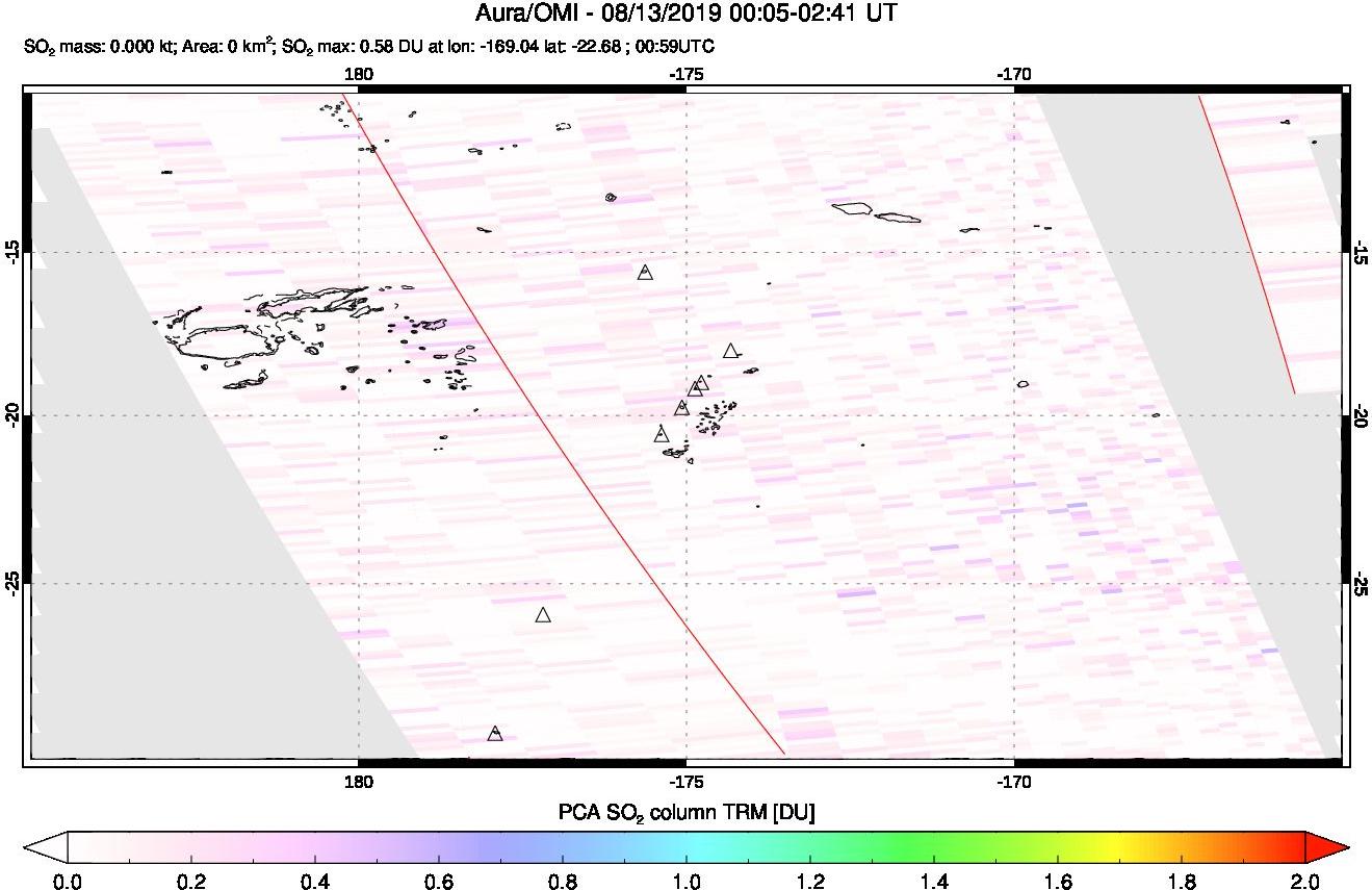 A sulfur dioxide image over Tonga, South Pacific on Aug 13, 2019.