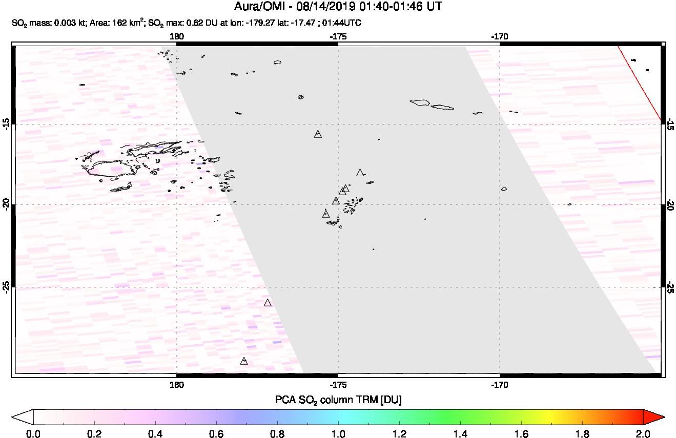 A sulfur dioxide image over Tonga, South Pacific on Aug 14, 2019.