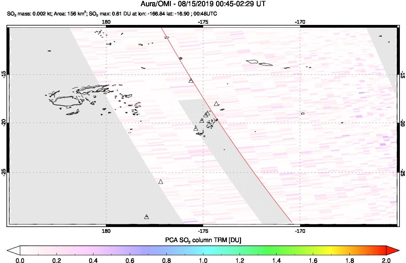 A sulfur dioxide image over Tonga, South Pacific on Aug 15, 2019.
