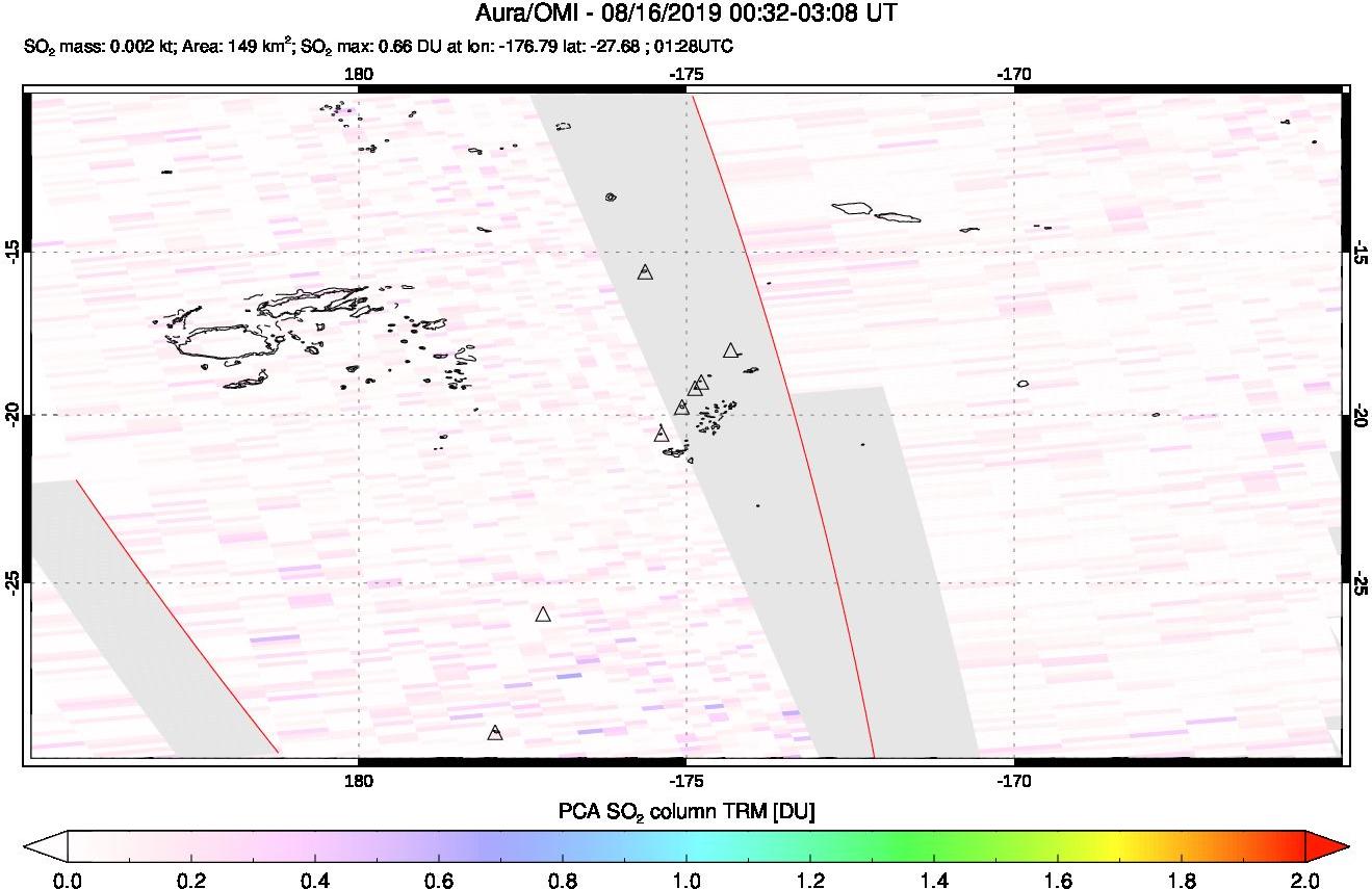 A sulfur dioxide image over Tonga, South Pacific on Aug 16, 2019.