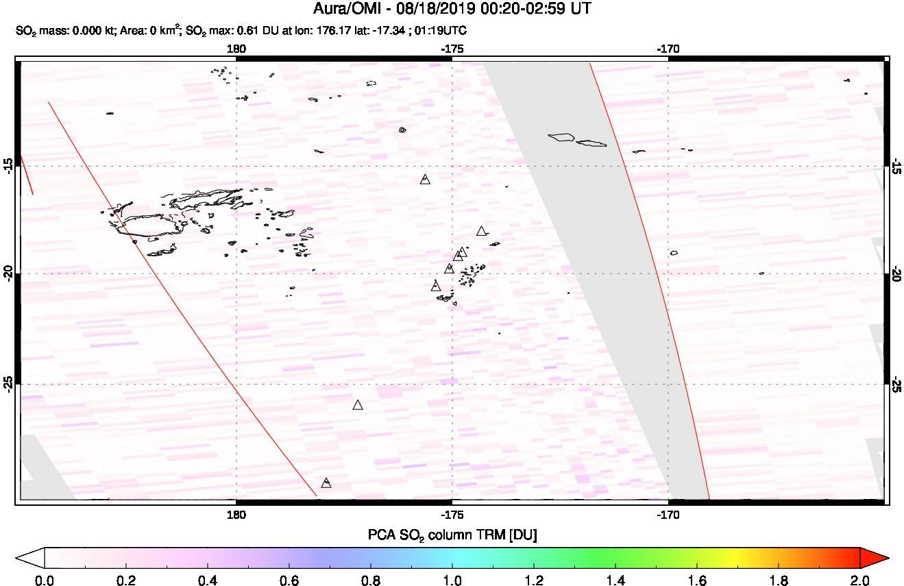 A sulfur dioxide image over Tonga, South Pacific on Aug 18, 2019.