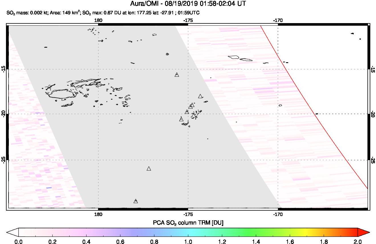 A sulfur dioxide image over Tonga, South Pacific on Aug 19, 2019.
