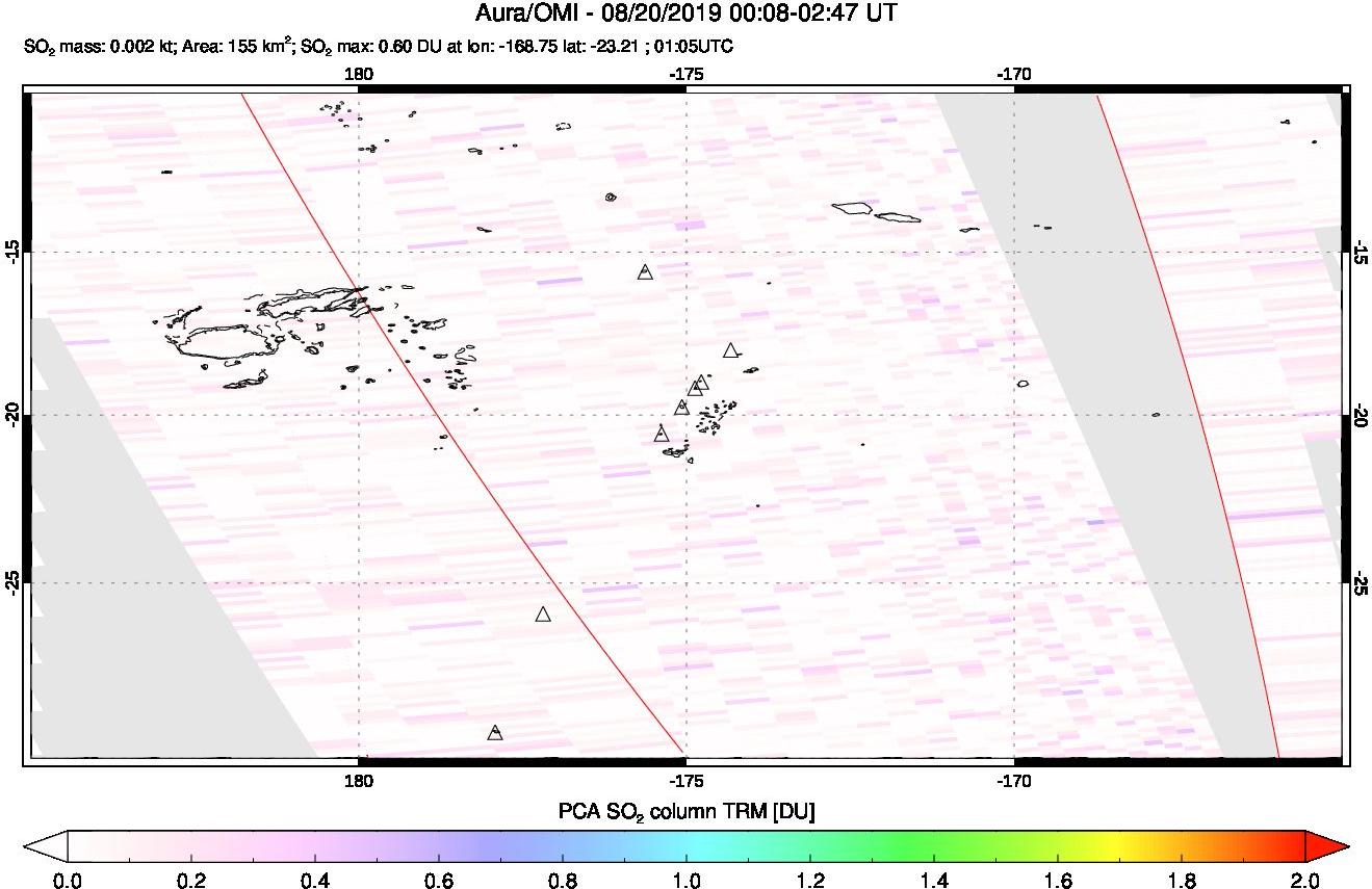 A sulfur dioxide image over Tonga, South Pacific on Aug 20, 2019.