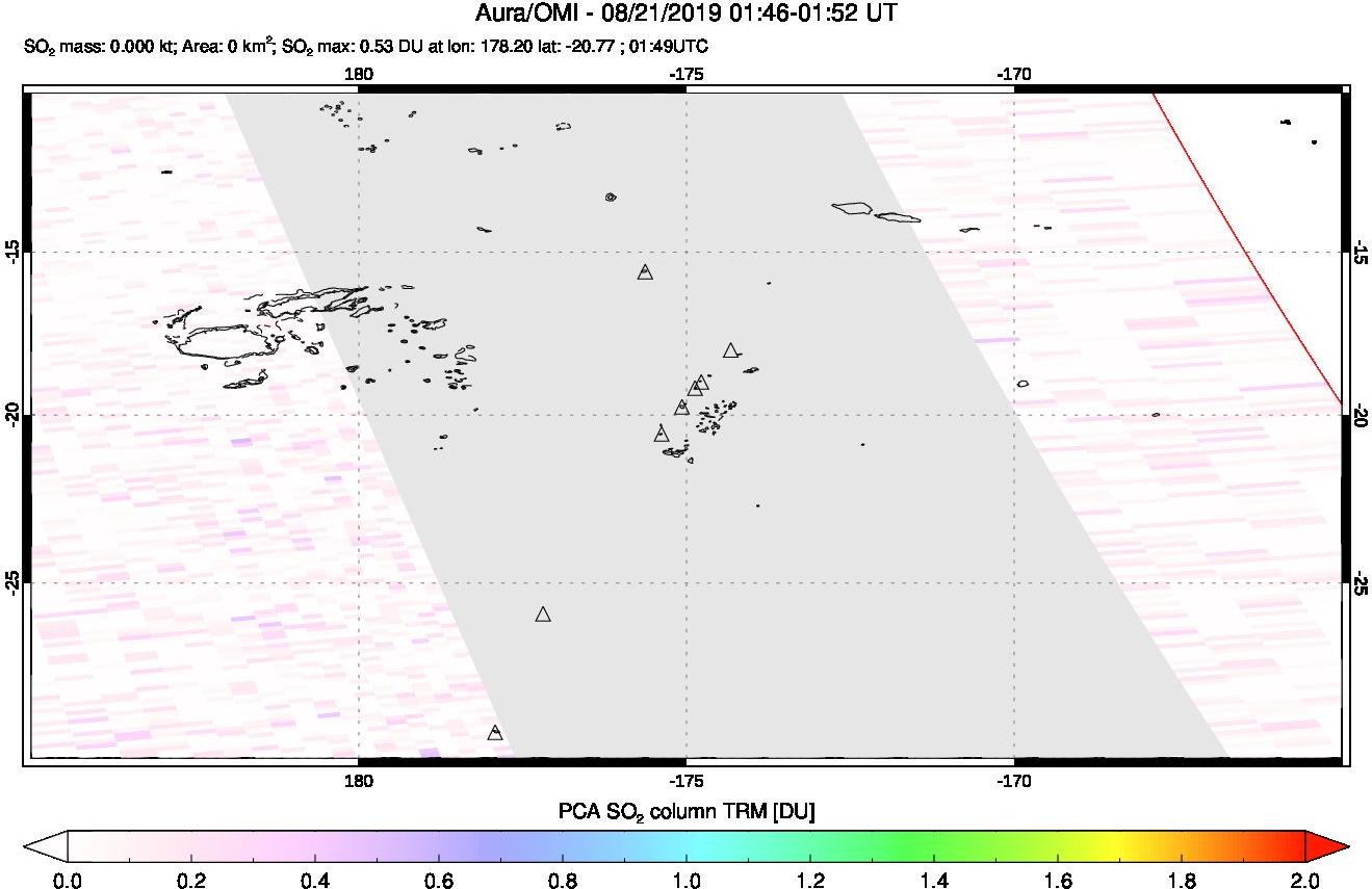 A sulfur dioxide image over Tonga, South Pacific on Aug 21, 2019.