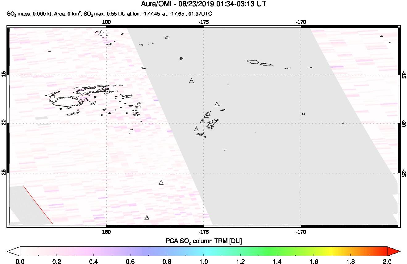 A sulfur dioxide image over Tonga, South Pacific on Aug 23, 2019.