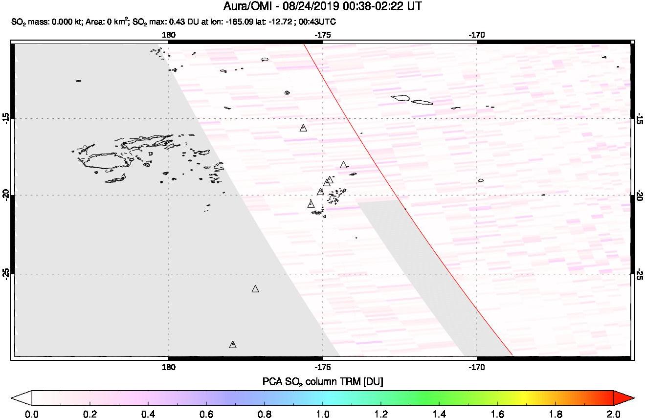 A sulfur dioxide image over Tonga, South Pacific on Aug 24, 2019.