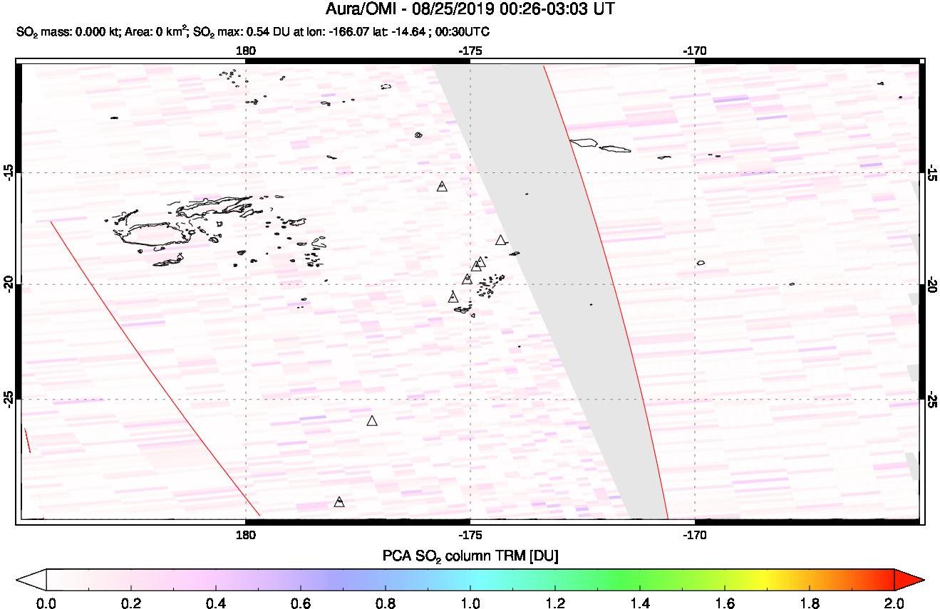 A sulfur dioxide image over Tonga, South Pacific on Aug 25, 2019.