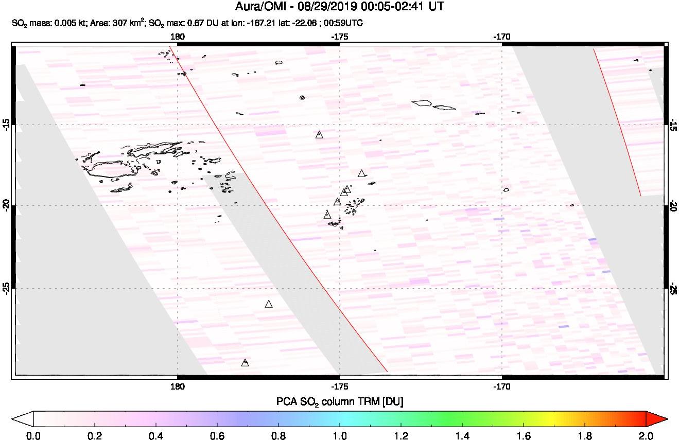 A sulfur dioxide image over Tonga, South Pacific on Aug 29, 2019.