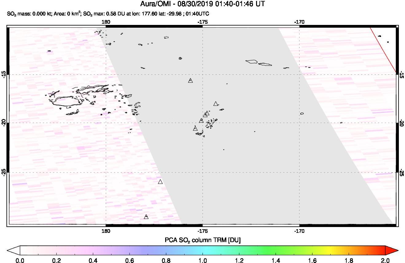 A sulfur dioxide image over Tonga, South Pacific on Aug 30, 2019.
