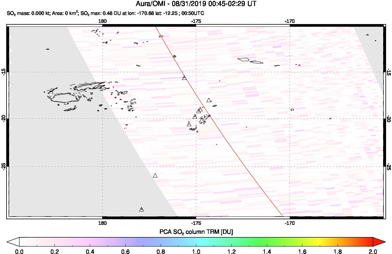 A sulfur dioxide image over Tonga, South Pacific on Aug 31, 2019.