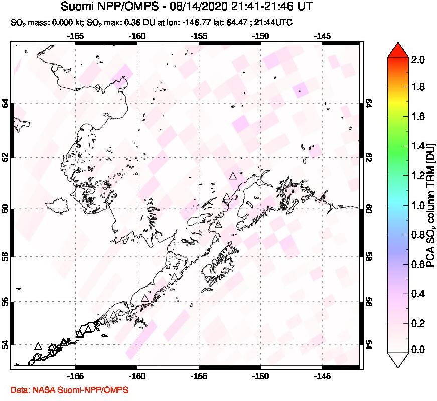 A sulfur dioxide image over Alaska, USA on Aug 14, 2020.