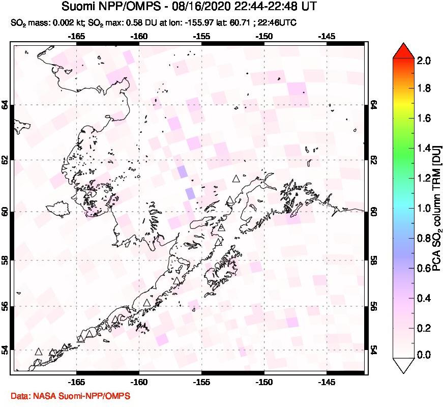 A sulfur dioxide image over Alaska, USA on Aug 16, 2020.