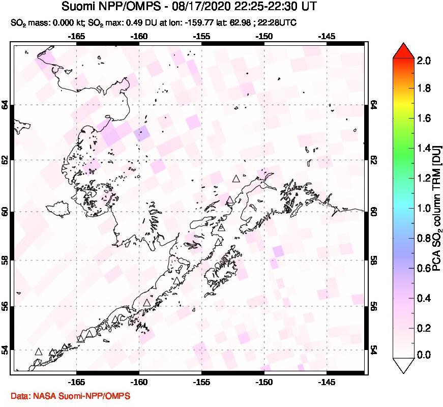 A sulfur dioxide image over Alaska, USA on Aug 17, 2020.
