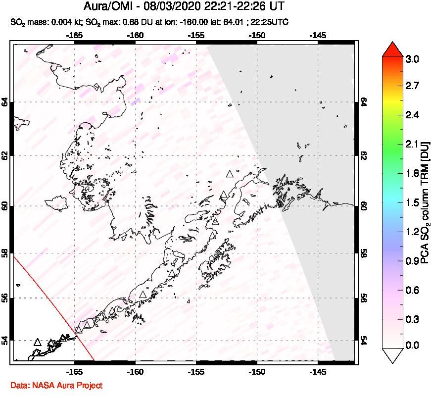 A sulfur dioxide image over Alaska, USA on Aug 03, 2020.