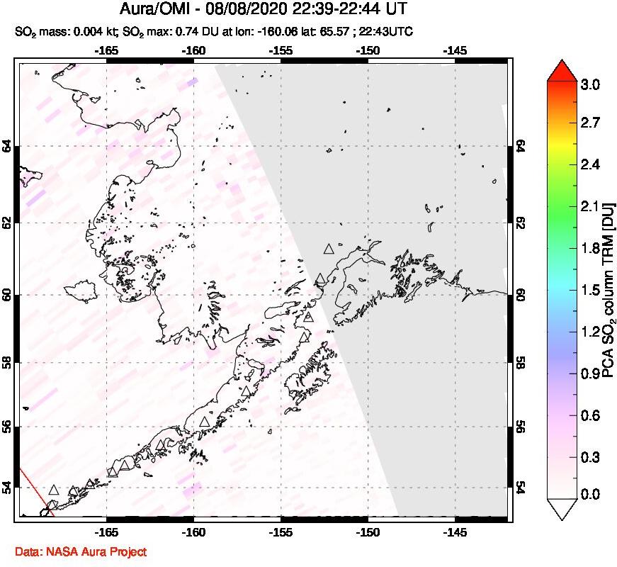 A sulfur dioxide image over Alaska, USA on Aug 08, 2020.