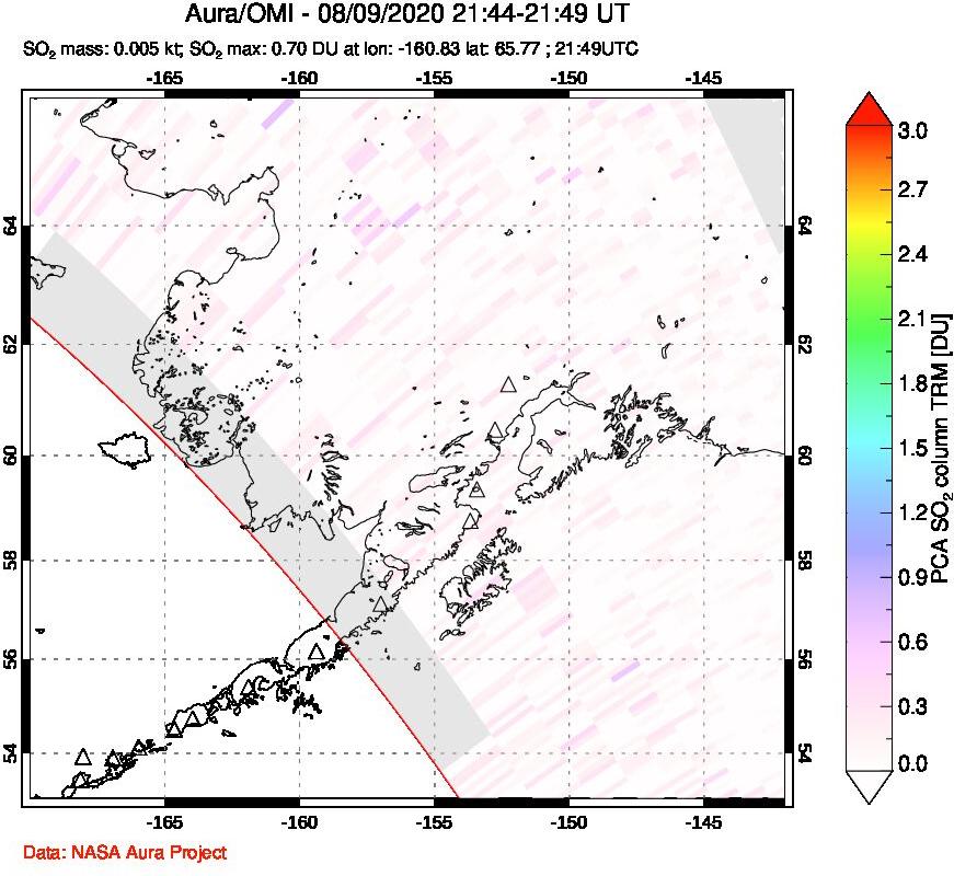 A sulfur dioxide image over Alaska, USA on Aug 09, 2020.