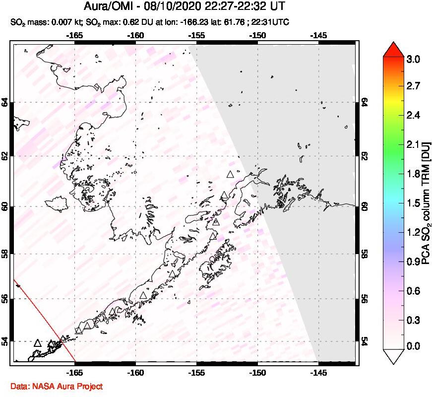 A sulfur dioxide image over Alaska, USA on Aug 10, 2020.