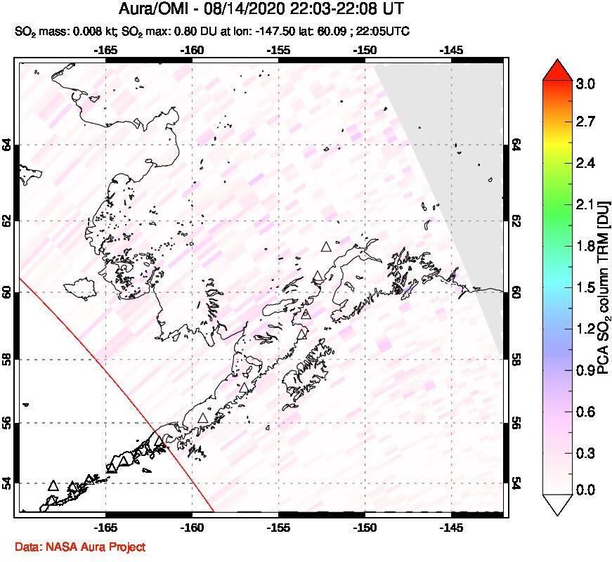 A sulfur dioxide image over Alaska, USA on Aug 14, 2020.
