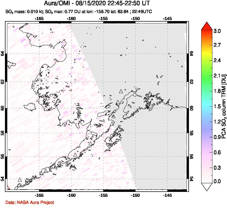 A sulfur dioxide image over Alaska, USA on Aug 15, 2020.