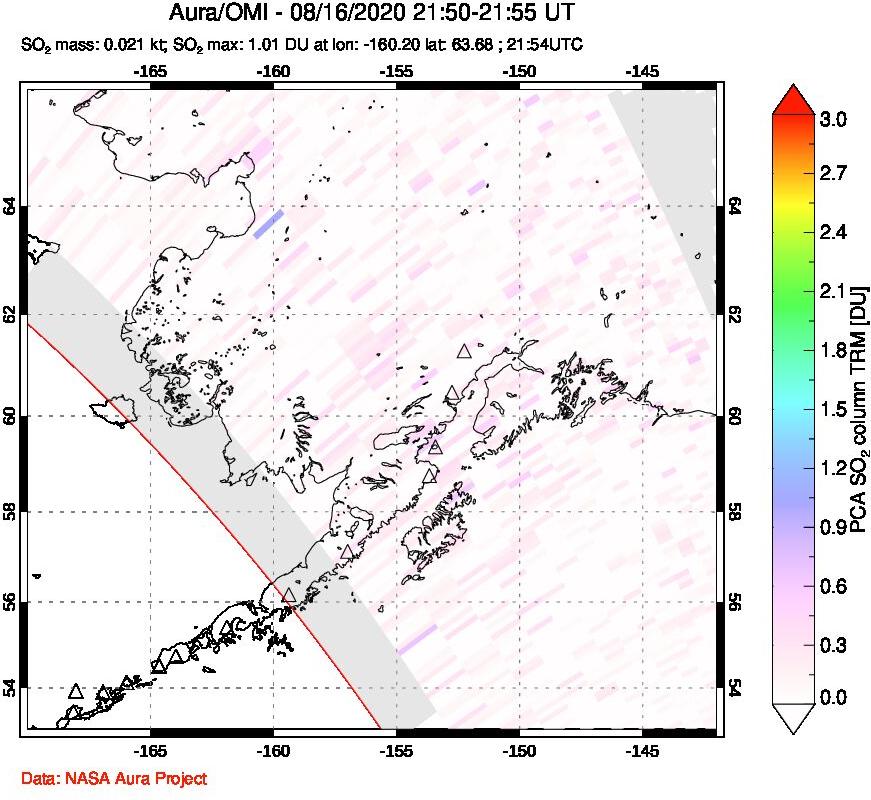 A sulfur dioxide image over Alaska, USA on Aug 16, 2020.