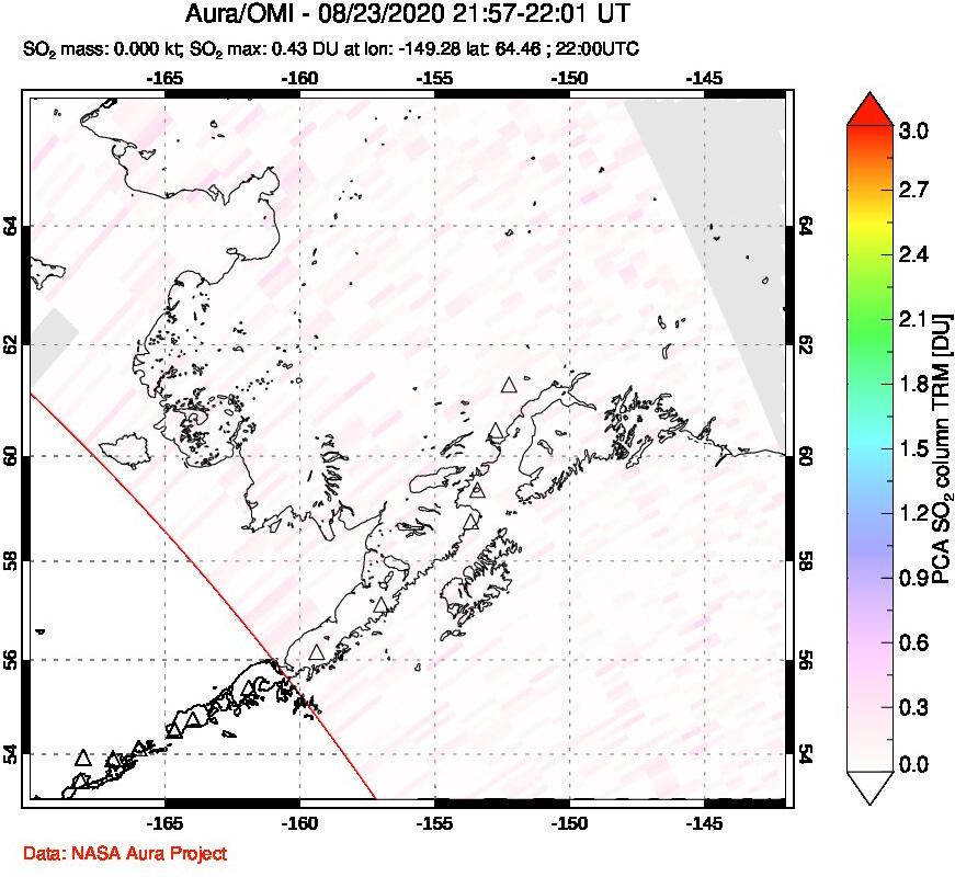 A sulfur dioxide image over Alaska, USA on Aug 23, 2020.