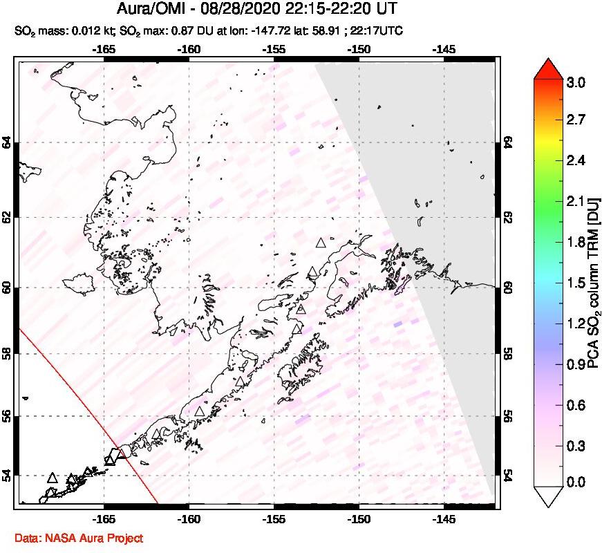 A sulfur dioxide image over Alaska, USA on Aug 28, 2020.