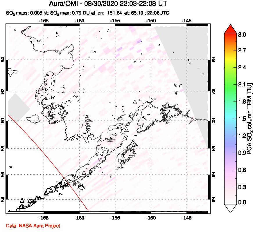 A sulfur dioxide image over Alaska, USA on Aug 30, 2020.