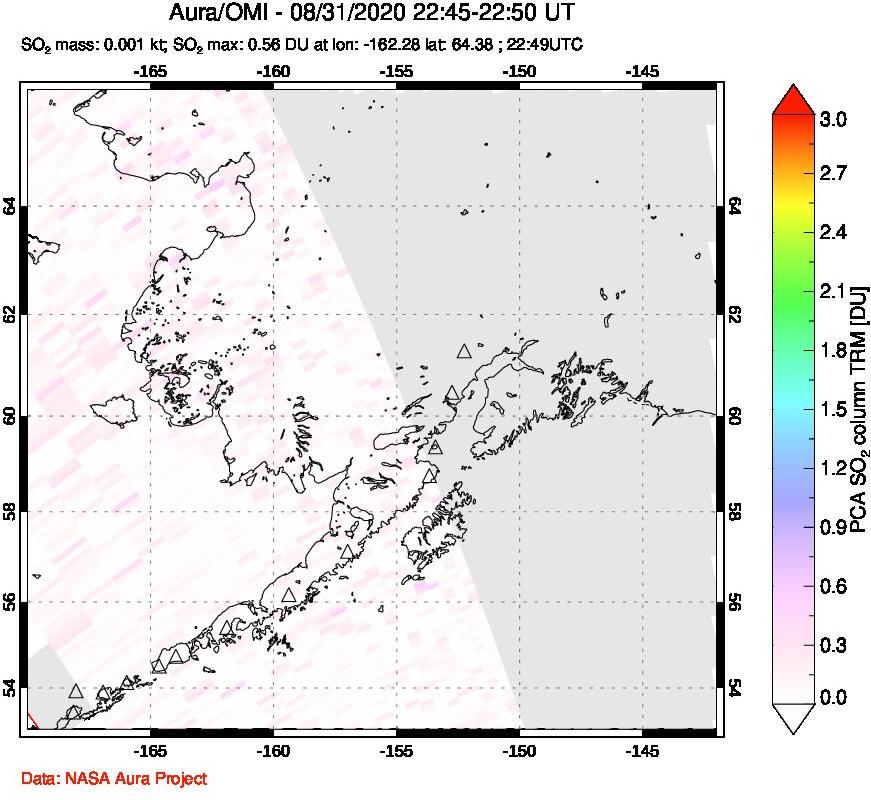 A sulfur dioxide image over Alaska, USA on Aug 31, 2020.